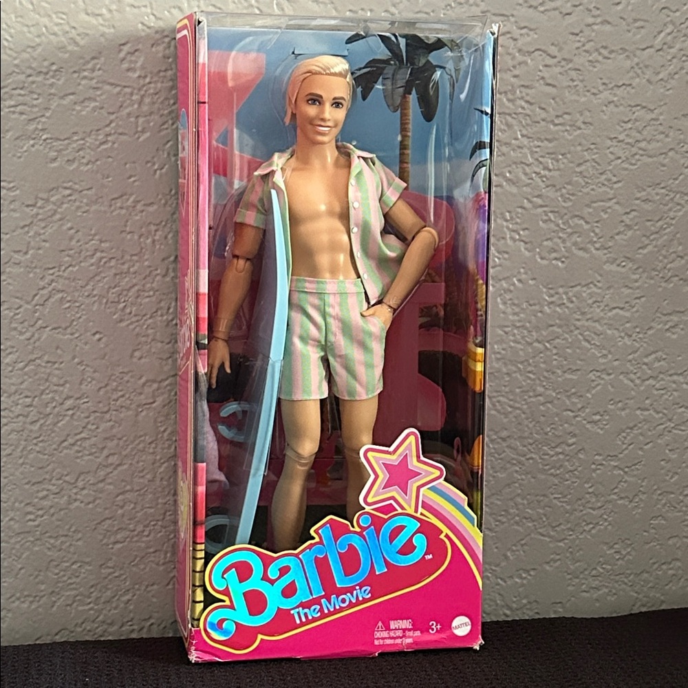 New Barbie The Movie Ken Doll in Pastel Striped Beach Outfit with Surf Board NIB